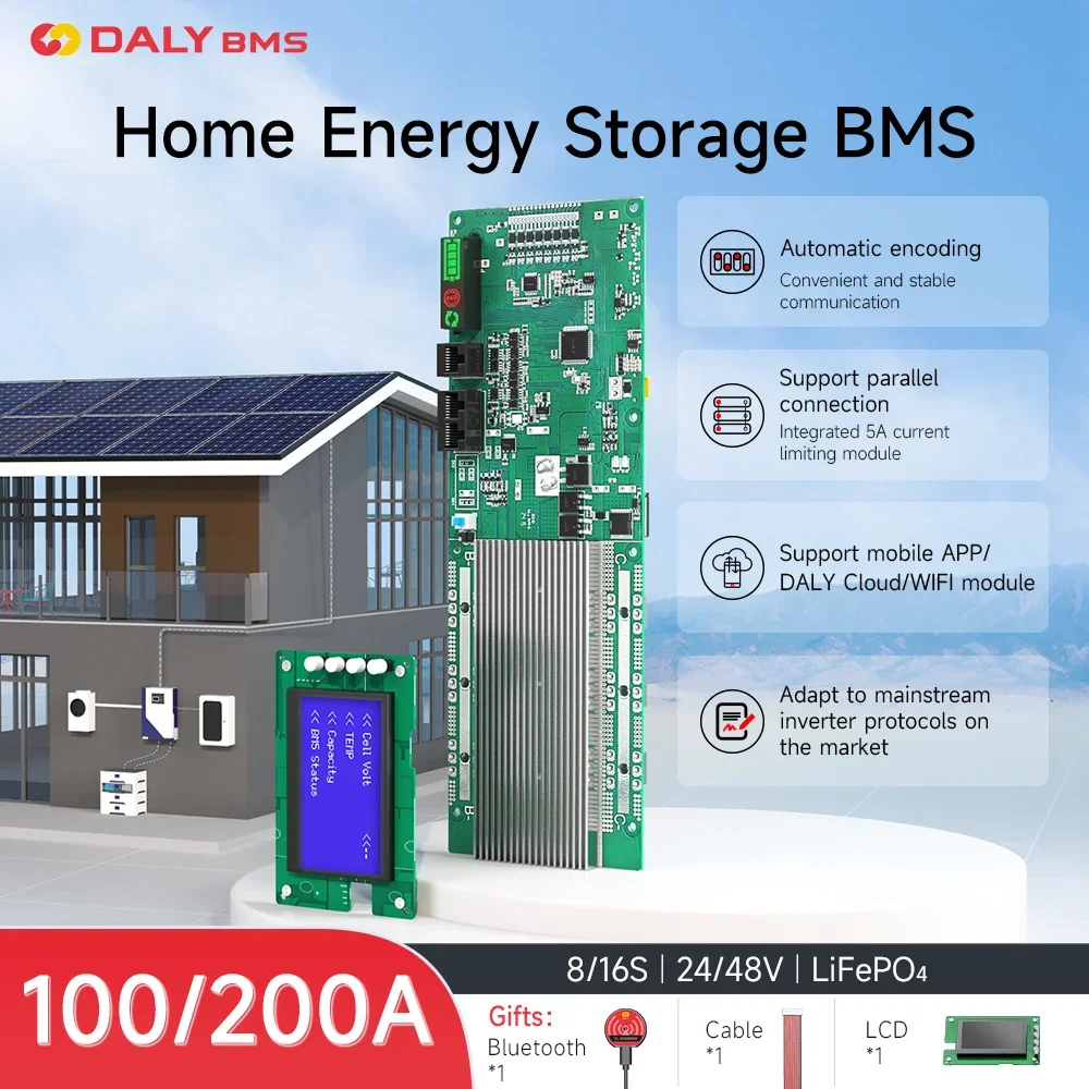 

Инвертор Daly Smart Lifepo4 BMS 8S 12S 15S 16S 24V 36V 48V 100A 200A с ЖК-дисплеем для домашнего хранения энергии