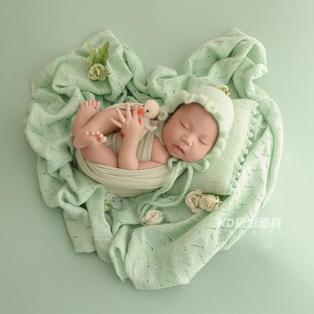 Green Theme Newborn Photography Scene Props Knitted Hat Doll Pillow Knit Blanket Photo Studio 0-1 Month Baby Shooting Accessory