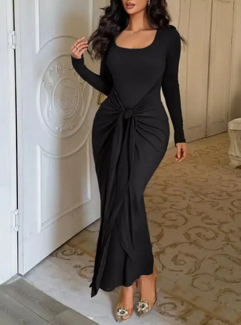 

Solid Color Low Cut Square Neck Lace Up Waist Bag and Hip Back Slit Dress, Autumn Women's Sexy Solid Color Long Sleeved Dress