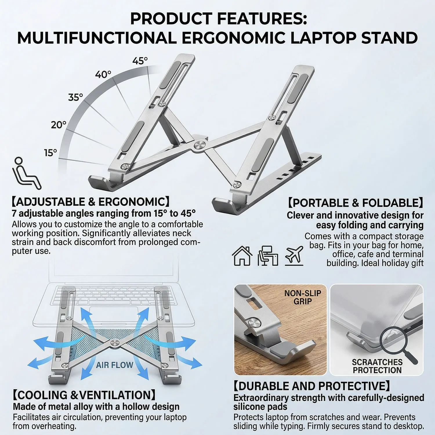 Metal Laptop Holder Stand Adjustable Foldable Portable for Notebook Computer Bracket Lifting Cooling Holder Non-slip