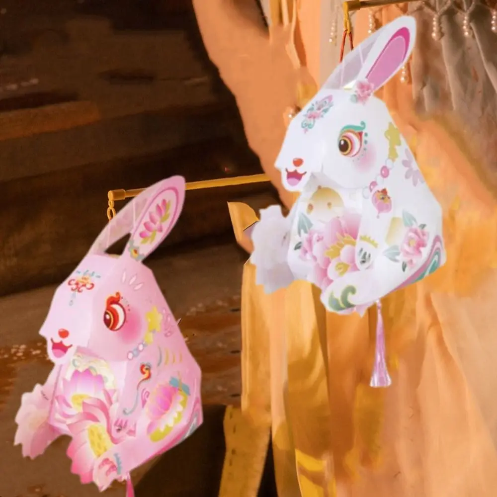 Paper Chinese Rabbit Lantern Handmade Cartoon Mid-Autumn Festival Lantern with Tassel LED DIY Material Package