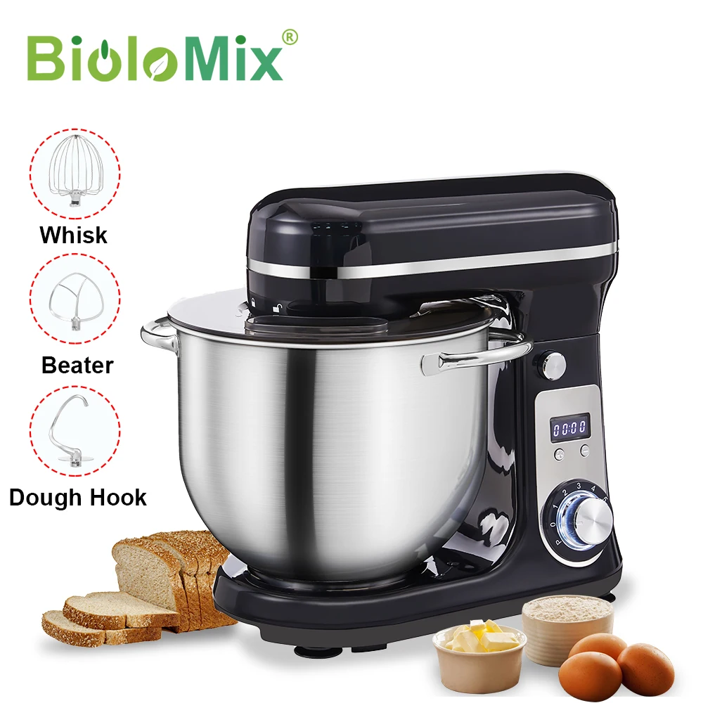 BioloMix Kitchen Food Stand Mixer, Quiet Motor, Cream Egg Whisk, Whip Dough Kneader, 6-Speed, 1200 W, 6L