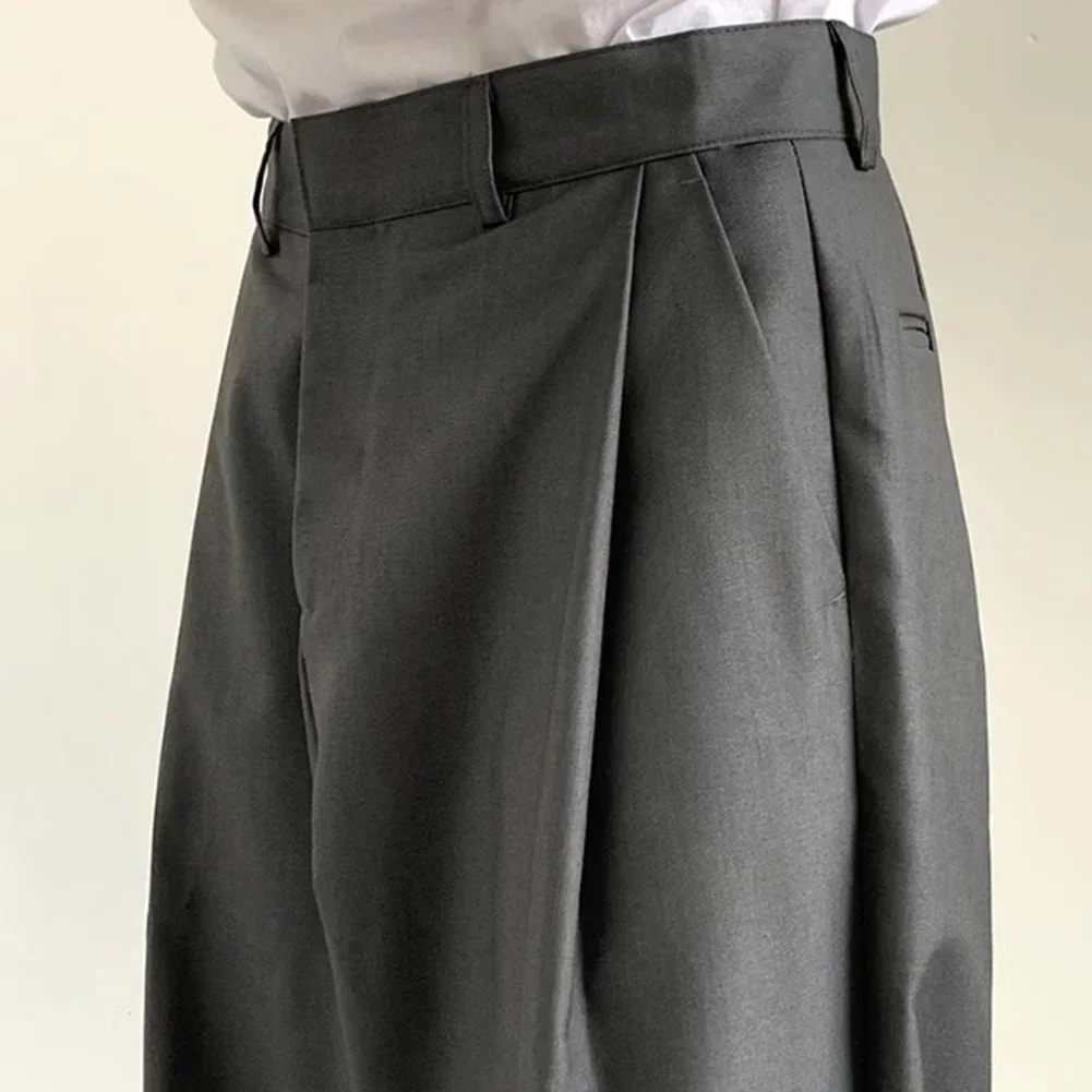 Mens Solid Baggy Fold Straight Wide Leg Grey Suit Pants Fashion Vintage Trousers Mens Clothing  Cargo Pants Handsome Sweatpants