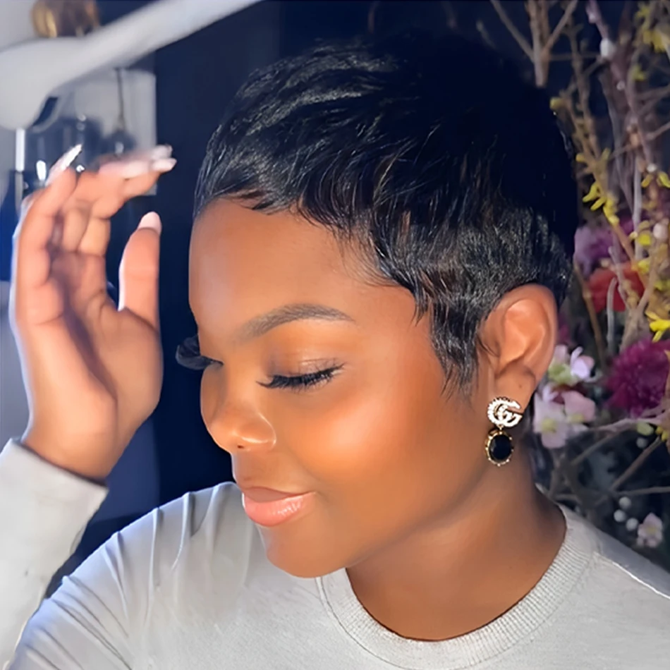 

4 Inch Short Pixie Cut Wig 150% Density Brazilian Virgin Human Hair Basics Style Straight Machine Made Rose Net Cap