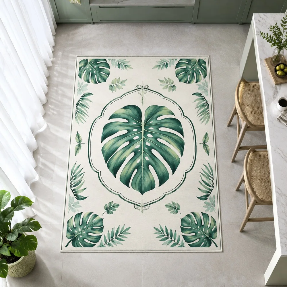 VIKAMA Area Rug Off White Monstera Center Accent Tropical Aesthetic Foldable Hallway Bedside Laundry Room Staircase Room Decor