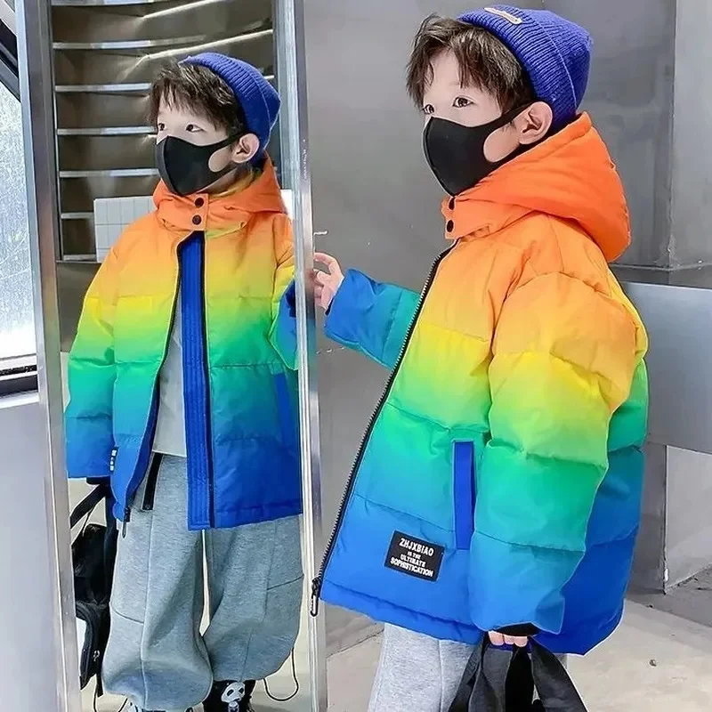 Winter Clothing for Boys Down Padded Coats Thickened Warm Hoodied Outerwear Teens Fashion Gradient Mid-Length Snowsuit 8 10 12 Y