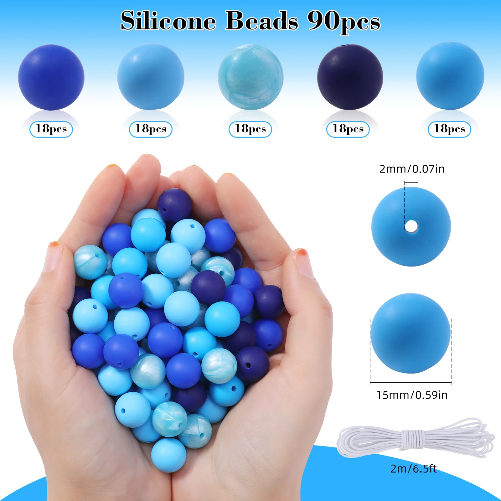 

90Pcs Blue Series Silicone Beads Ocean Style Round Charm Beads for Jewelry Making Handmade DIY Keychain Jewelry Accessories 15mm