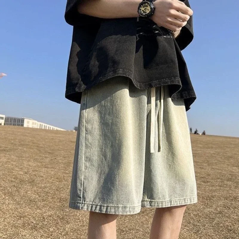 

Long with Pockets Men's Short Jeans Pants Drawstring Half Male Denim Shorts Bermuda Vintage Streetwear Buttons Popular Thin Emo