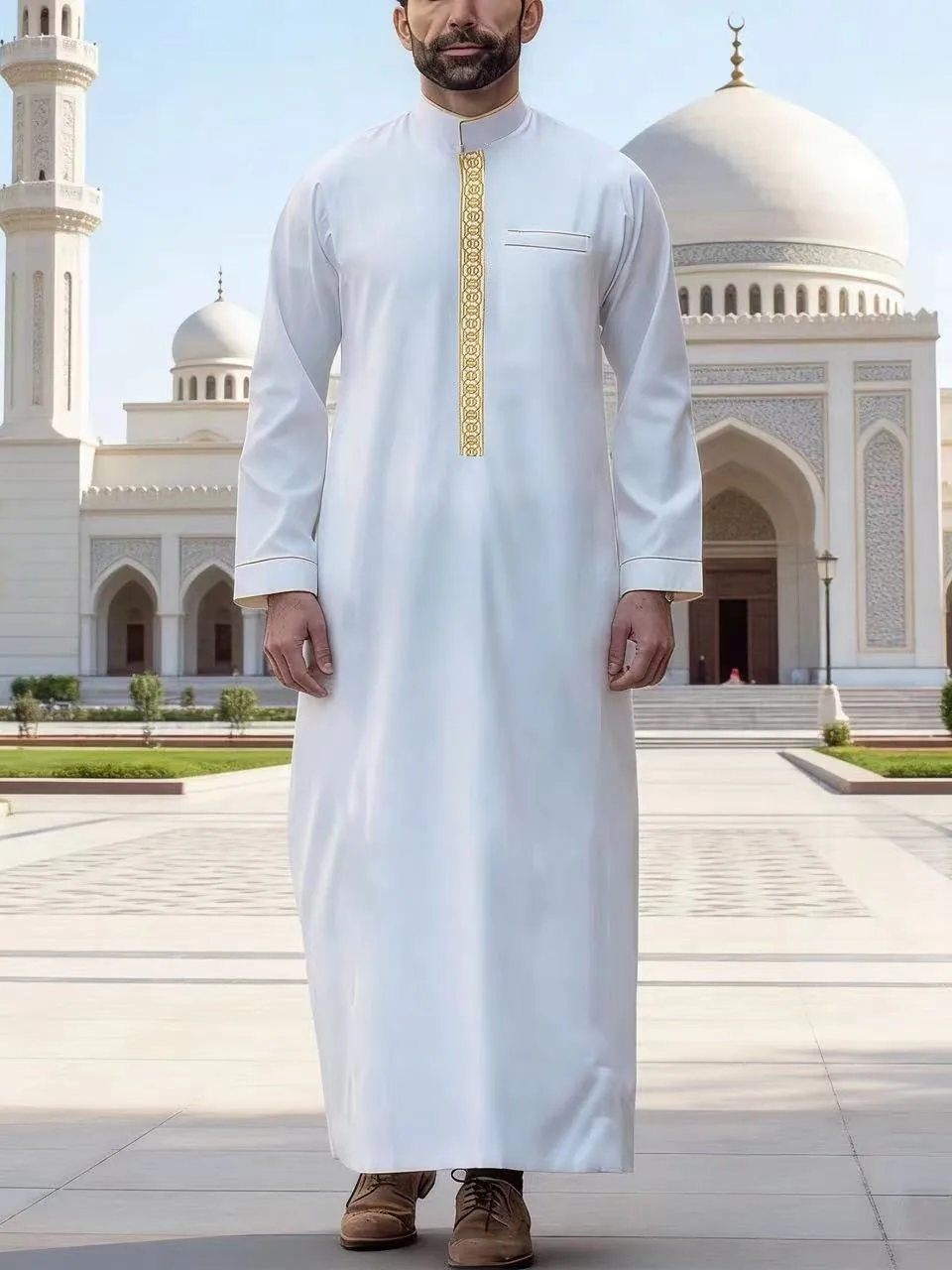 Men's White Traditional Long Shirt Loose Dress Robe Ethnic Long Dress Casual Wear All Seasons Polyester Fabric Stand Collar