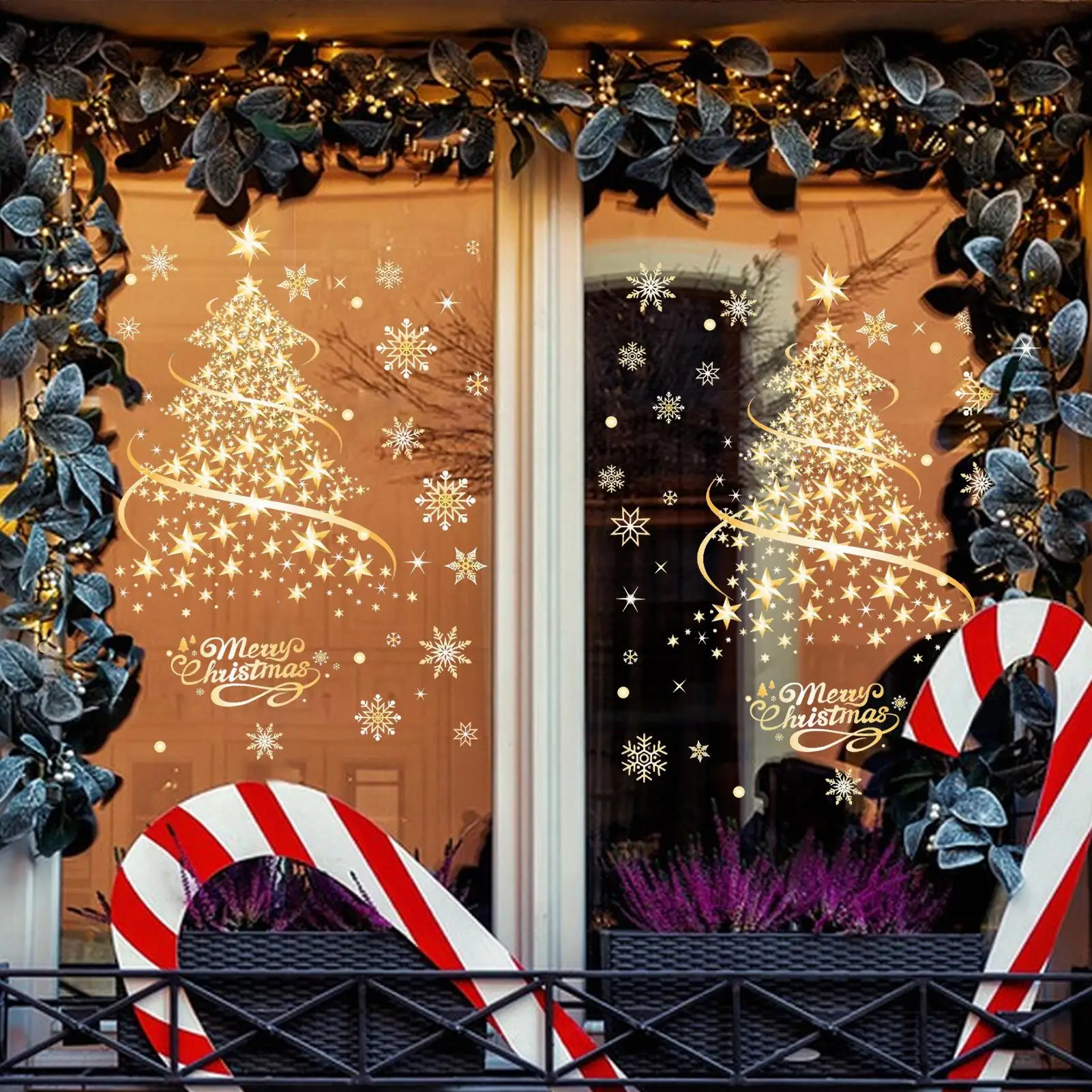 2 Stück wiederverwendbare Weihnachts-Fensteraufkleber, statisch haftend, Urlaubsbaum-Aufkleber für Glastüren, Wand, Party