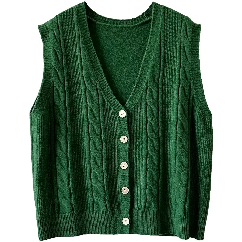 Solid Color V-neck Knitwear Jacket Loose Dough Twists Vest Cardigan