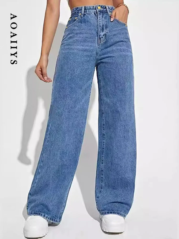 

НОВЫЕ модные джинсы Aoaiiys, женские винтажные синие прямые брюки Y2k High Street, осенняя женская одежда, повседневная свободная одежда с высокой талией
