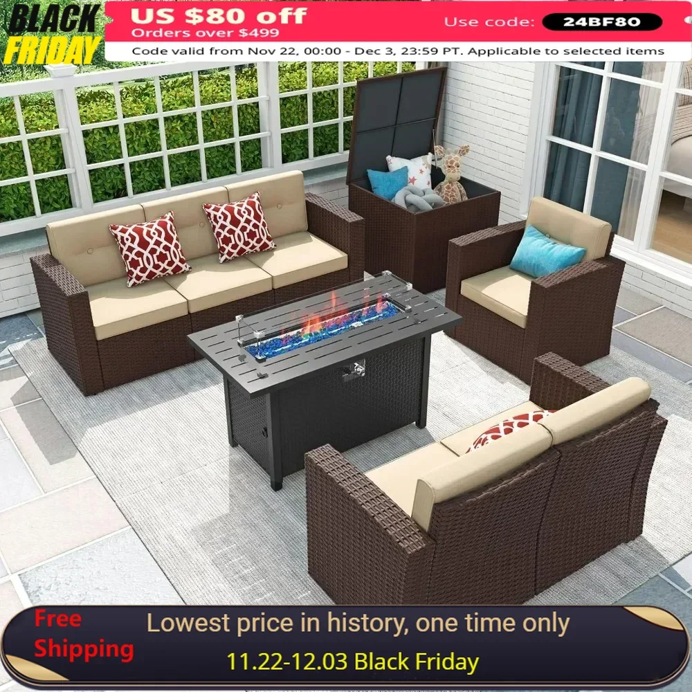 

8 Pieces Patio Furniture Set with Fire Pit Table, Wicker Rattan Sofa Set with Storage Box for Garden, Poolside, Backyard