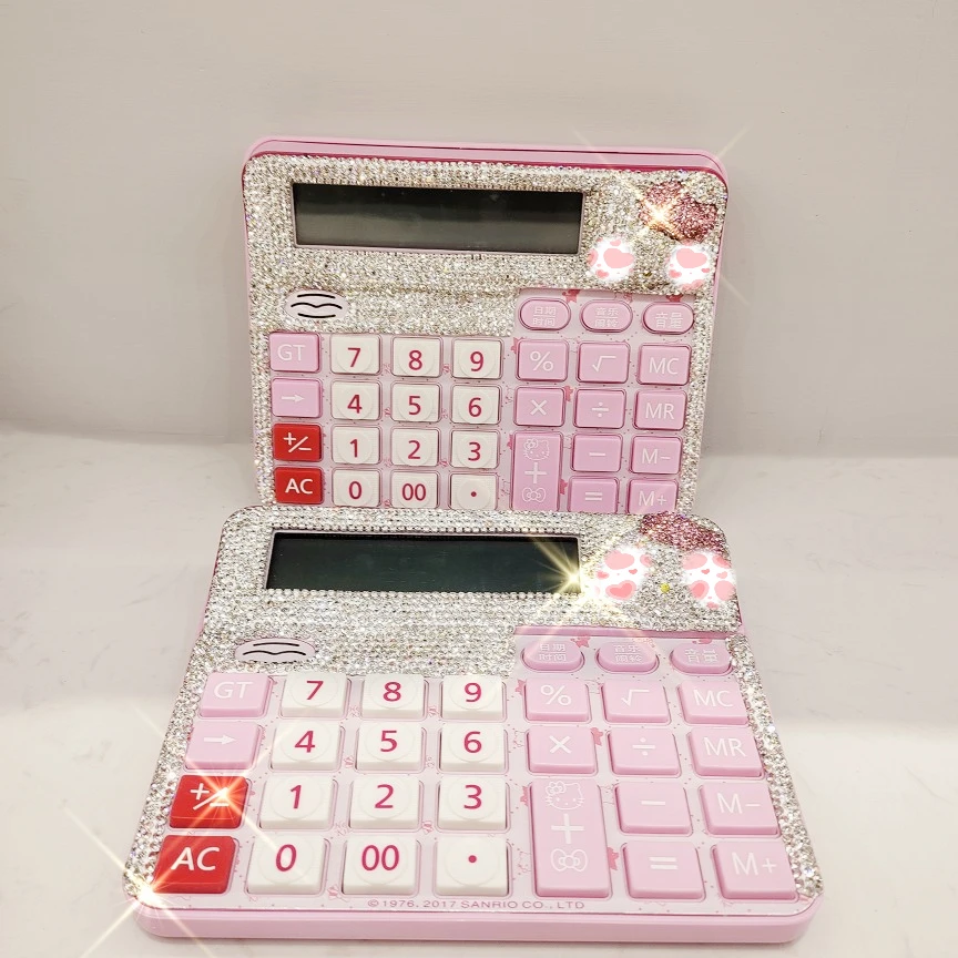 Kawaii Cartoon Calculator with Rhinestone Cute Pink Cat Real Voice Learning Big Button Screen Display 12 Digits Office Supplies