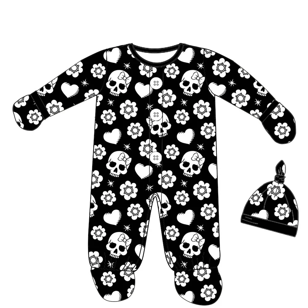 Halloween Boutique Boys' Long-sleeved Foot-binding bodysuit and hat Button Ghosts print wholesale