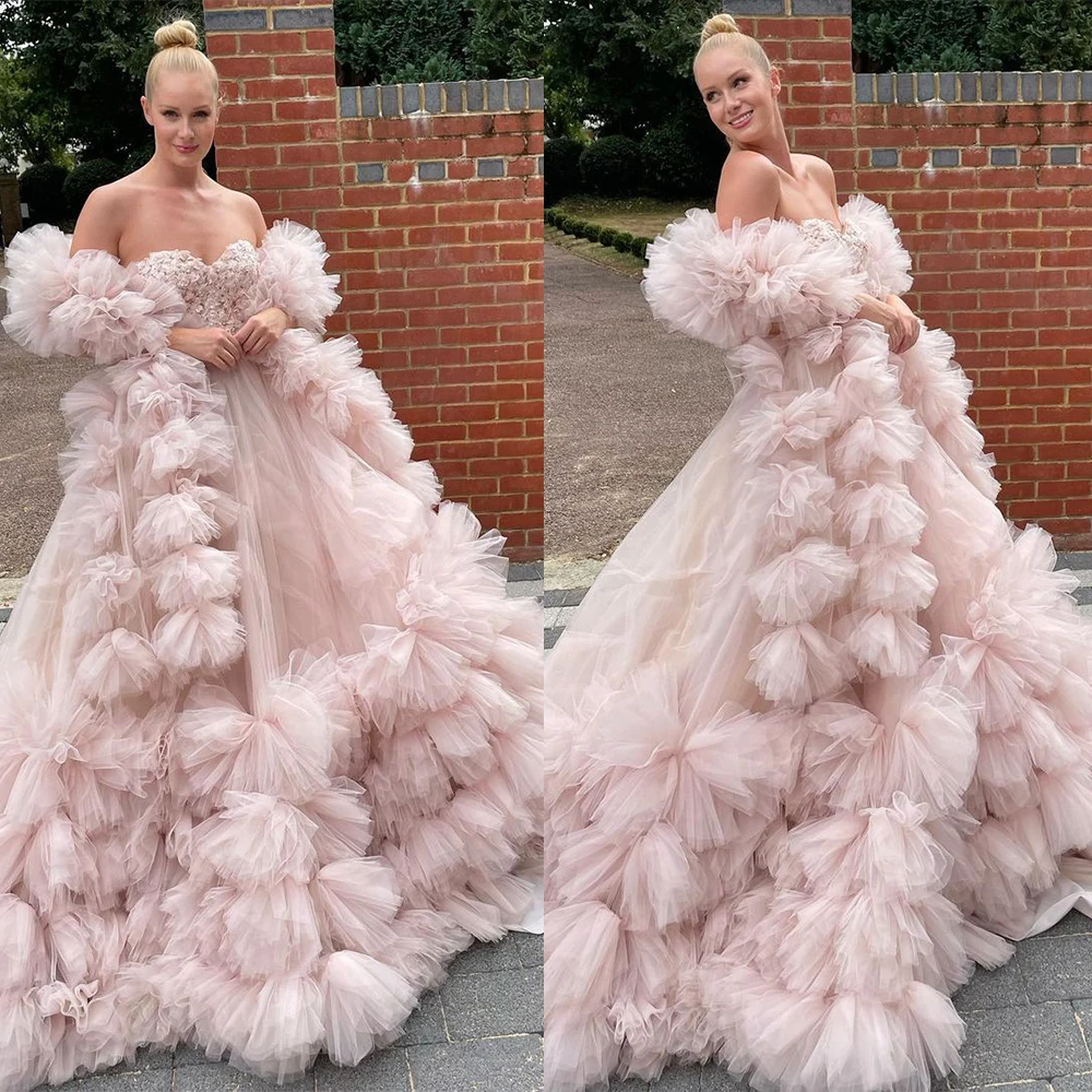 

Pink Pleat A-Line Wedding Dresses With Applique New Strapless Sweetheart Bridal Gown Brush Train Robe De Vestido HOT SALE