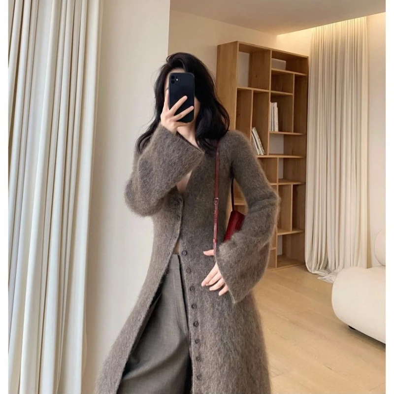 2024 Autumn Women NewDresses Imitation Seahorse Fur XLong Cardigan Single Braested Sweater Dress Elegant Clothes Streetwear Za