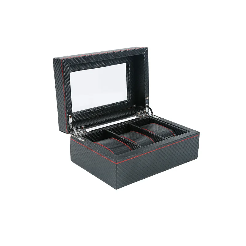 Watch Box for Men 3/5/6 Slots Watch Organizer, Watch Case,Carbon Fiber Design Real Glass Top, Smooth Faux Leather Interior