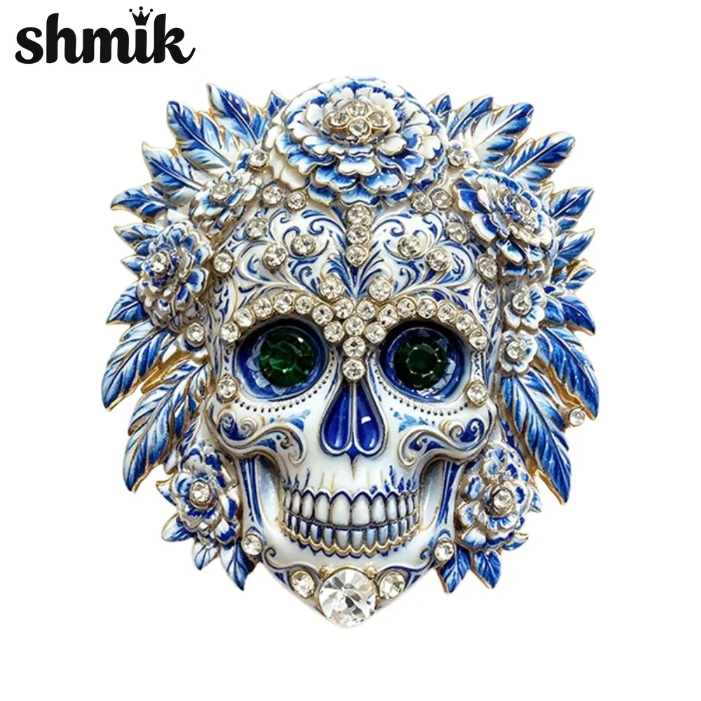 Vintage Enamel Skull Flower Brooch, Rhinestone Day of The Dead Lapel Pin, Retro Gothic Corsage for Coat Women Jewelry Gift