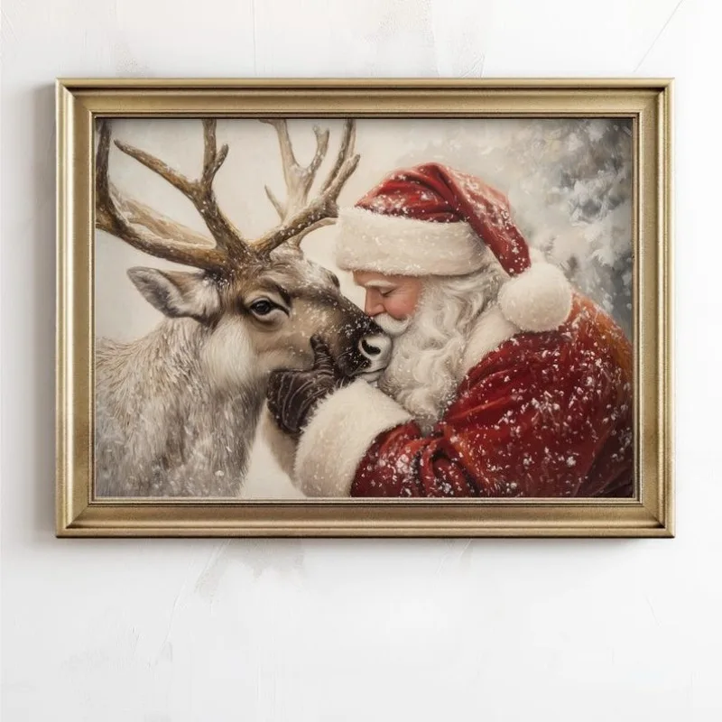 Retro Santa Wall Art, Vintage Santa Reindeer Print, Rustic Christmas Printables, Santa Claus Painting, Winter Holiday Decor
