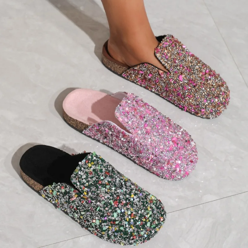 

2026 Women's Sequined Mules Shoes Spring and Autumn Round Toe Flat Half Slippers Fashion Comfortable and Non Slip Casual Sandals