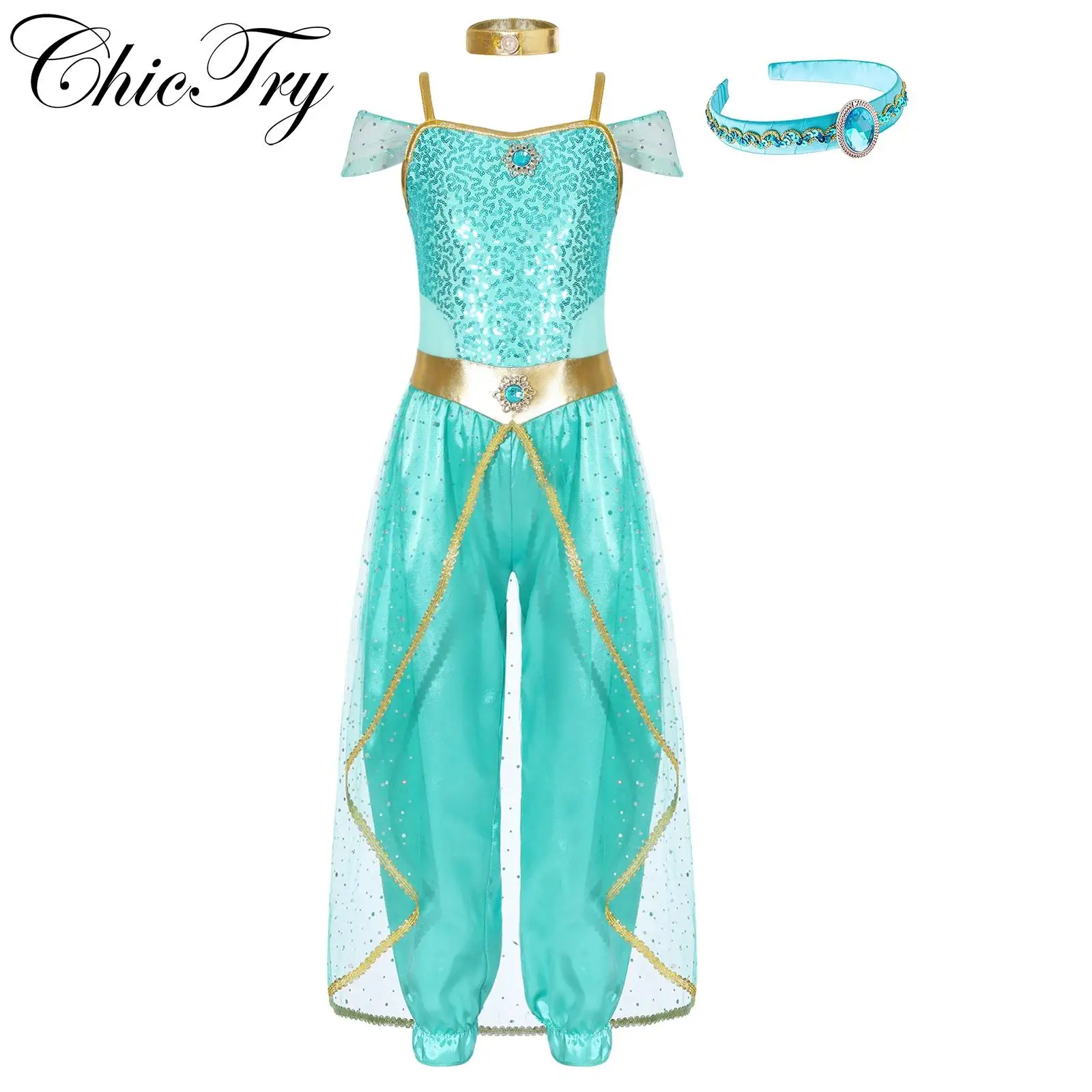 

Girls Fairy Tale Arabian Princess Cosplay Costume Halloween Sequins Long Jumpsuit Carnival Roleplay Party Performance Dress Up