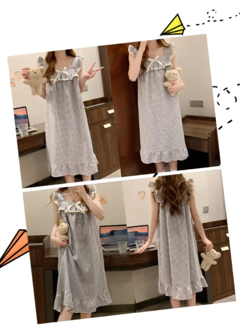 Women Korean Sweet Plaid Bow Design Nightgown with Straps Sleep Dress Cute Summer New Loungewear Y2K Nightgown with Built-in Bra