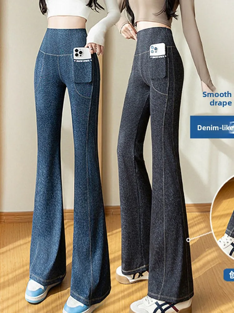 High Waist Yoga Sports Pants Women's plus Size Denim Look Flared Pants Back Pocket Tummy Control Bootcut Trousers