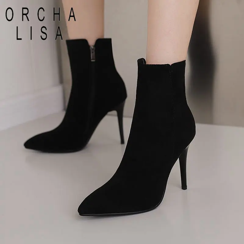 

ORCHA LISA Flock Suede Women Fashion Ankle Boots Pointed Toe Ultrahigh Heels 9.5cm Zipper Plus Size 42 43 Sexy Dating Party Bota