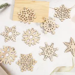 10Pcs Mixed Wooden Snowflake Pendant for Christmas Tree Hanging Craft Merry Xmas Home Party Decoration Kids DIY Painting Gifts