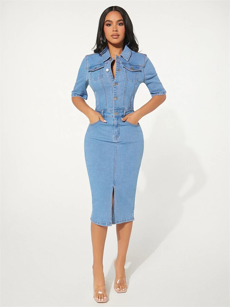 Fashion Jean Dress Women Summer Y2K Clothes Turn Down Collar Button Up Bodycon Midi Dresses Streetwear Denim Dress Vestidos