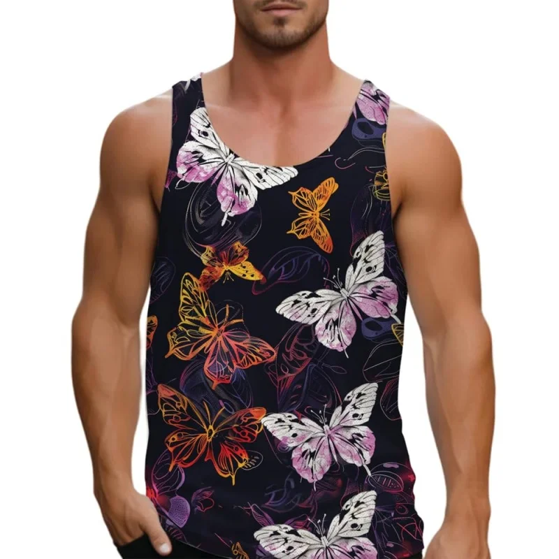 3D Printed Colorful Gradient Butterfly Tank Tops For Men Insects Pattern Tees Summer Loose Street Sports Round Neck Vest Tops