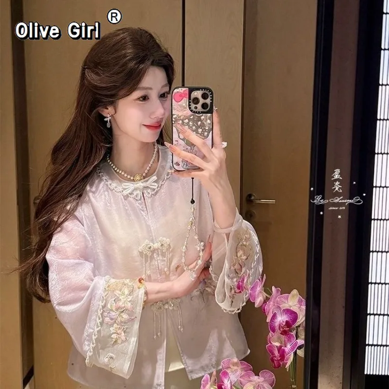 

Женская розовая шуба Olivegirl с синей вышивкой в виде цветов, шифоновая куртка, весна 2026, роскошный высококачественный топ в нежном сказочном стиле