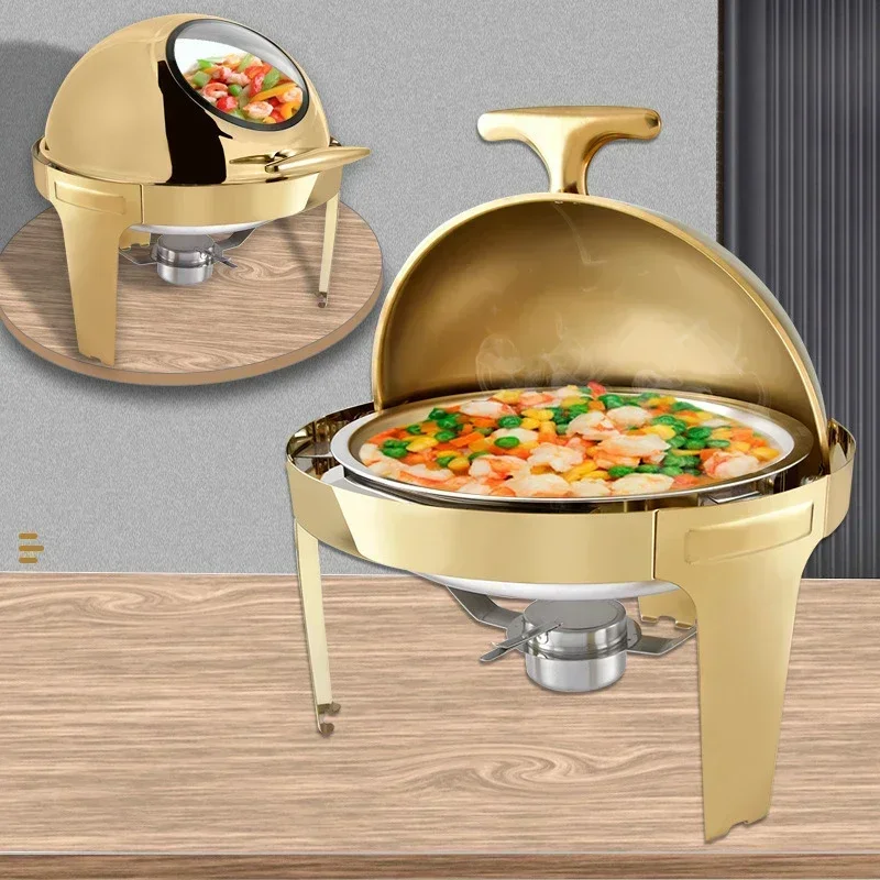Stainless Steel Self-Service Tableware 6L Food Warmer Waterproof Insulation Stove Round Flip-Top Visual Buffet Stove Restaurant