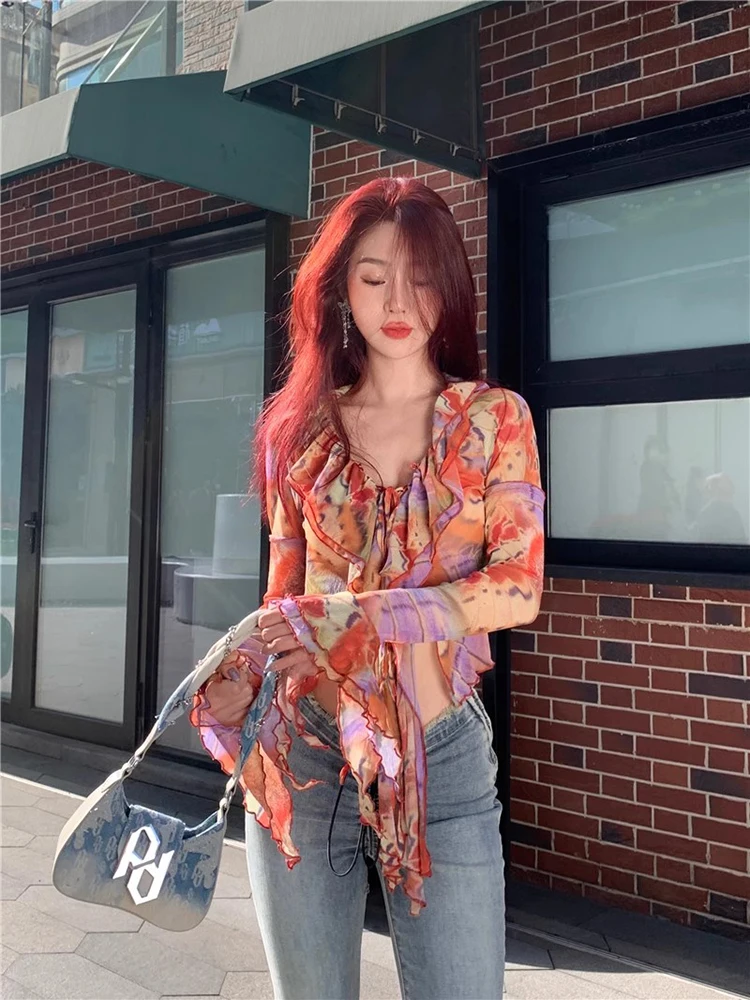 Yedinas Fairycore Style Slim Blouse Women Clothes Long Sleeve Korean Fashion Ruffled Tie Dye Women Shirt Thin 2024 Summer New