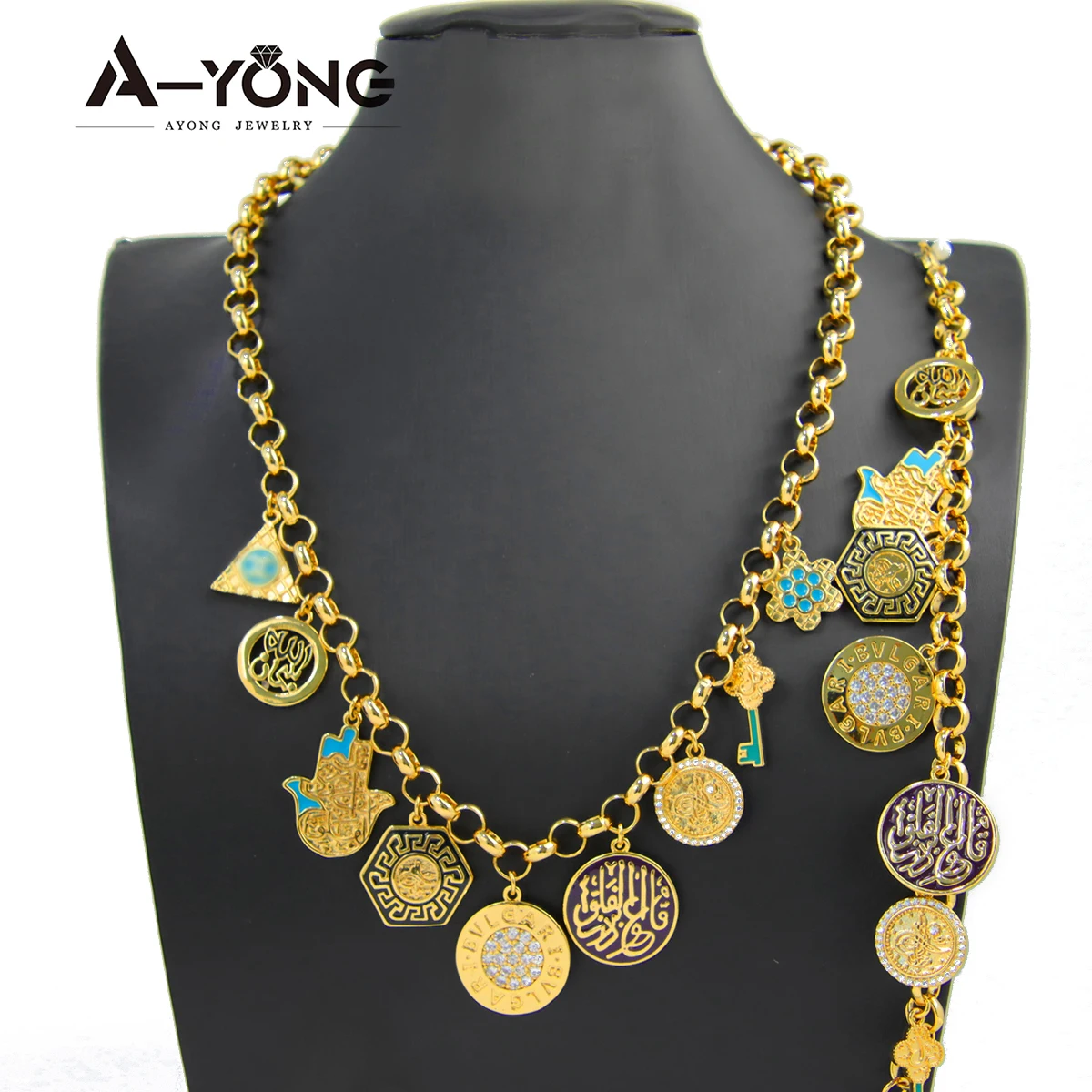 Islamic Gold Color Necklace Bracelet 21k Gold Plated Copper Arab Jewish Punk Charm Jewelry Set Women Fashion Party Jewelrys