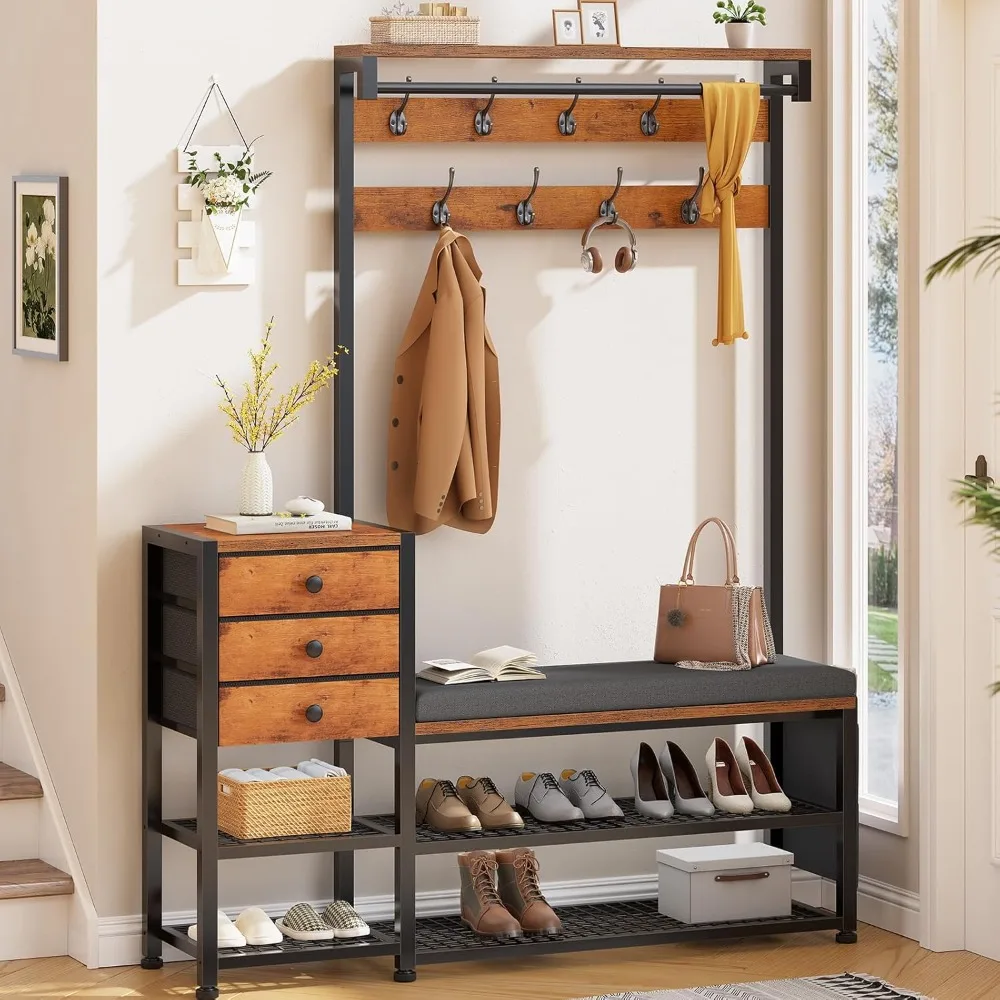

Multifunctional 7-in-1 Entryway Furniture: Coat Rack, Hall Tree, Bench with Cushion, Shoe Storage, and 3 Drawers