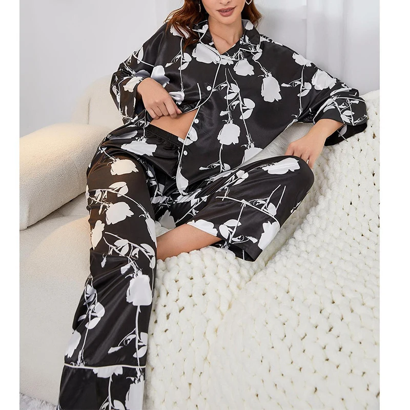 Silk Satin Floral Print Pajamas For Women\'s Autumn Lapel Nightwear Long Sleeve Cardigan Trousers Sets Home wear Suit Sleepwear