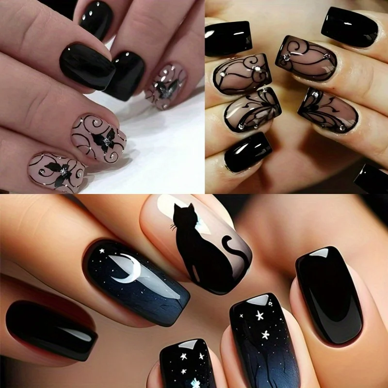 

3 Sets of 72pcs Black Cat Butterfly Pressed Nails, Square Fake Nails with Star and Moon Design, Professional Holiday Nail Kit