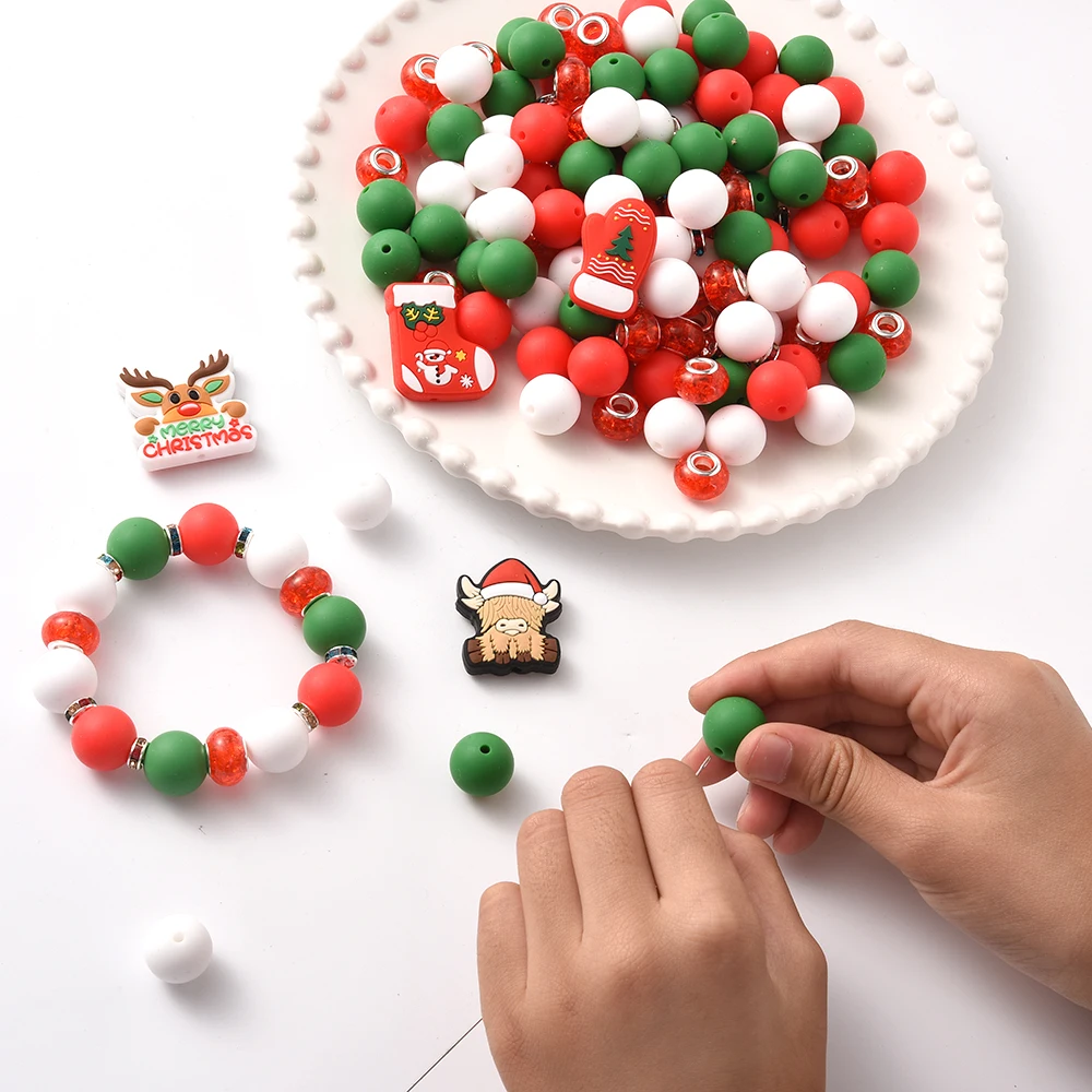 Fashion Christmas tree Silicone Beads Round 15mm Loose Beads Set Keychain Bracelet DIY Handmade Accessories For Jewelry Making