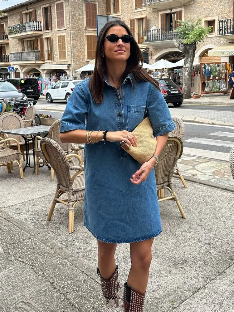 

2025 Loose Denim Mini Dress For Women Fashion Short Sleeve Buttons Turndown Collar Vestido New Simple Summer Female Street Wear