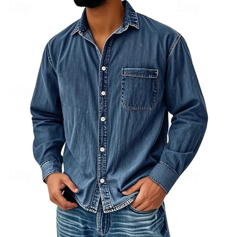 Autumn New Men's Denim Shirt Long Sleeved Workwear Retro Shirt Jacket