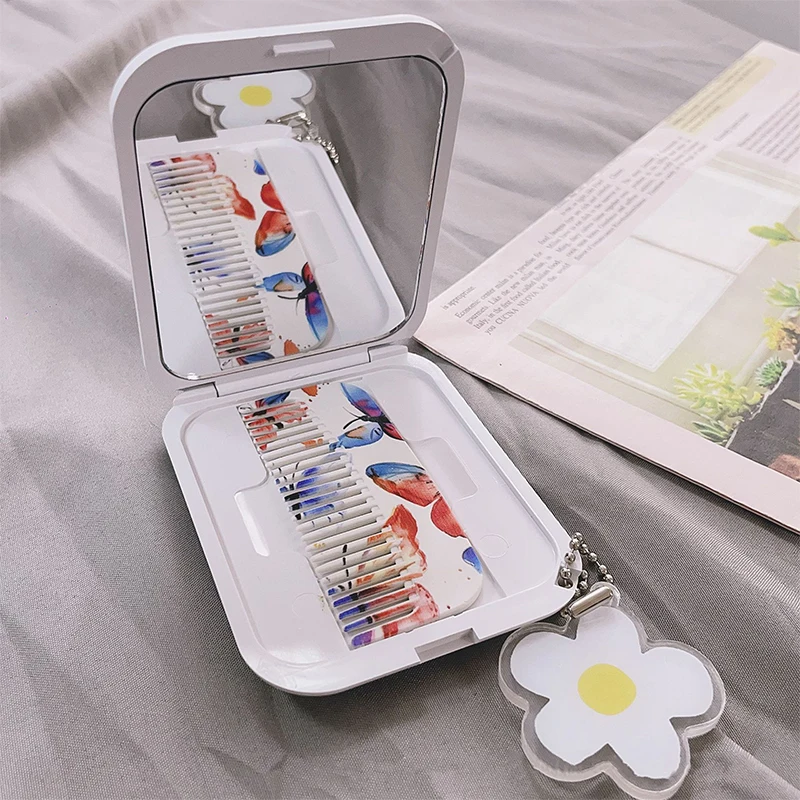 Red And Blue Butterfly Flip-Top Folding Makeup Mirror Portable Pocket Mirror Rectangle Cosmetic Mirror With Comb For Women