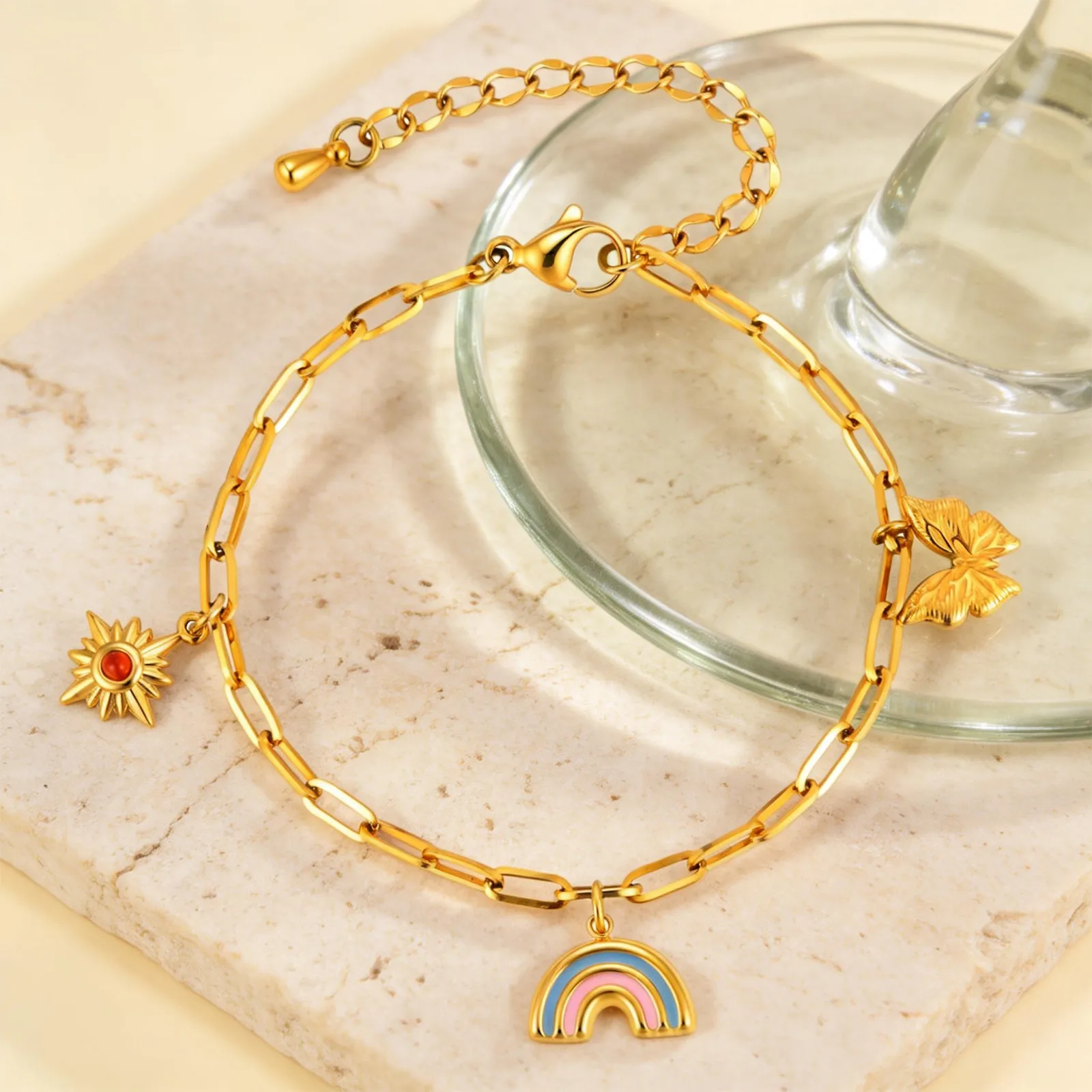 

Vnox Classic Stainless Steel Sun Rainbow Butterfly Charms Bracelet, Gold Plated Adjustable Bracelets Girlfriend Jewelry Gift
