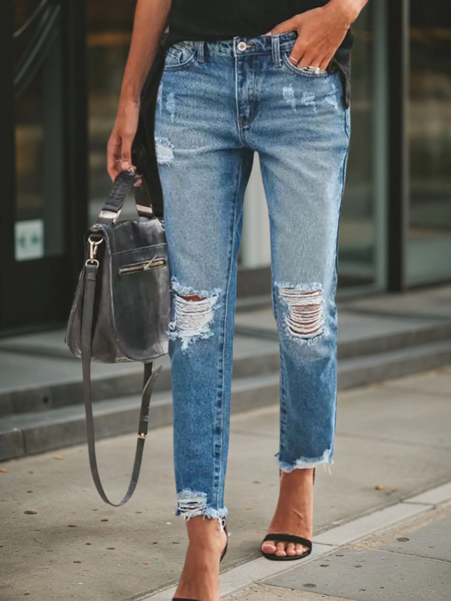 

2025 women's new plus size elastic ripped jeans, slim fit, street casual style, fashionable and versatile