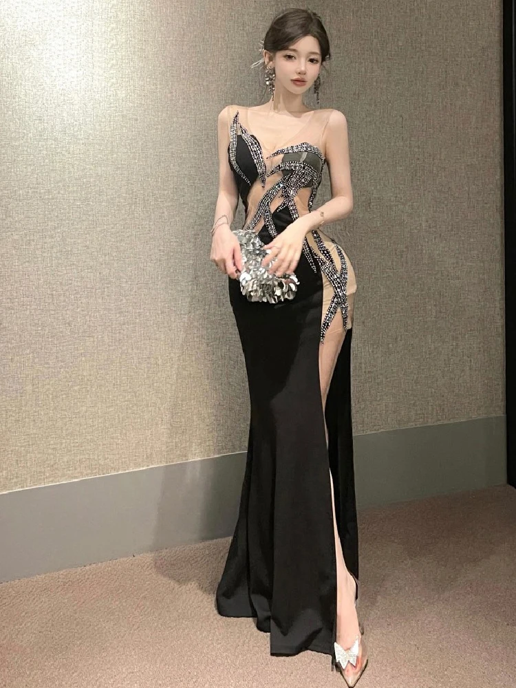 European and American style women exposed legs high fork slimming dress long skirt High end temperament socialite dress