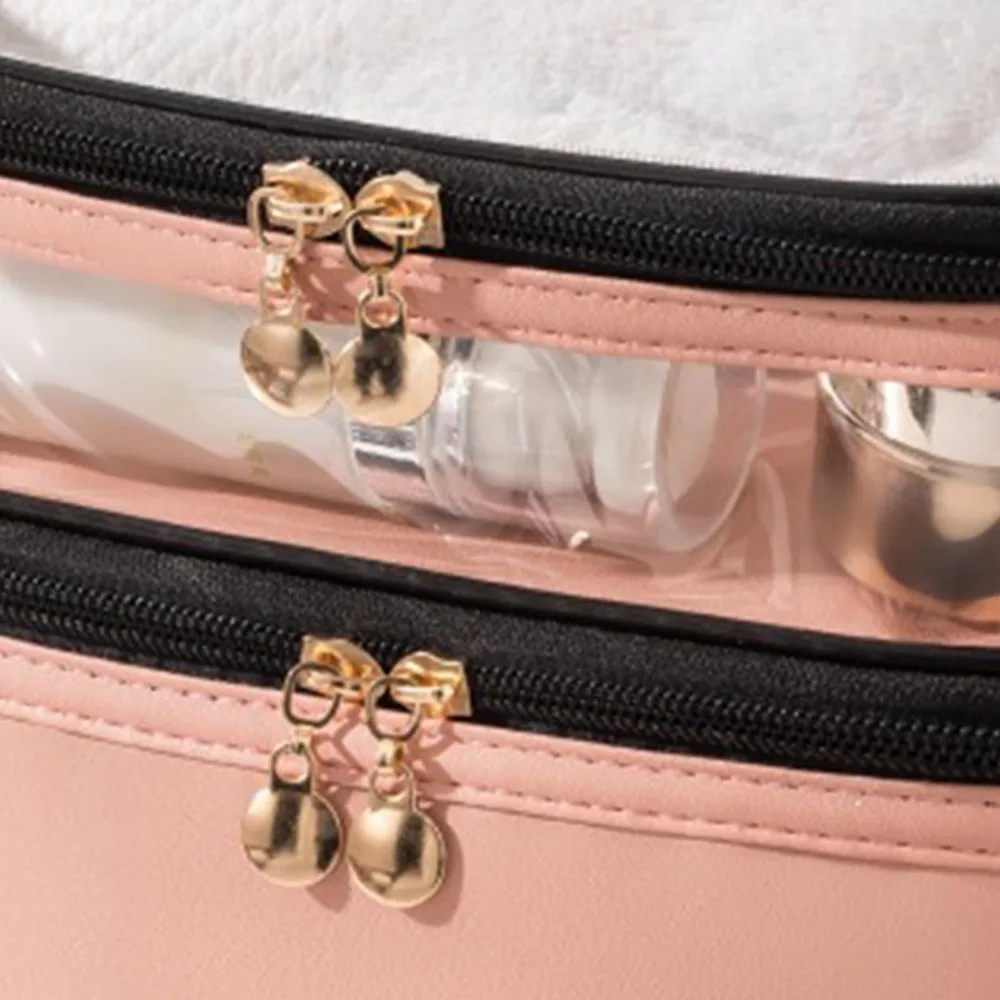 

Smooth Zippers Double Layer Makeup Bag Large Capacity Clear Top Makeup Organizer Waterproof Sealed Portable Toiletry Bag