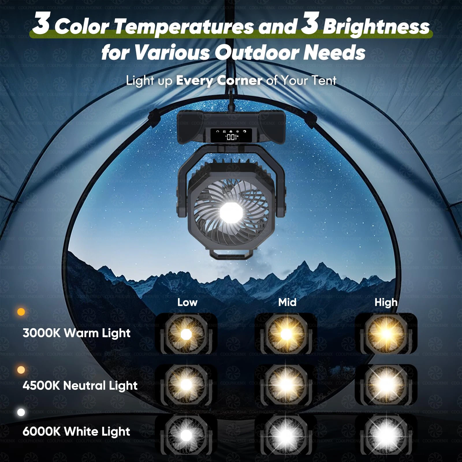 20000mAh مروحة التخييم بطارية قابلة للشحن المحمولة في الهواء الطلق مروحة خيمة لاسلكية مروحة السقف توزيع الهواء مع هوك و مصباح ليد