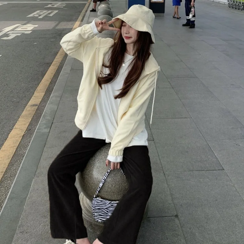 HOUZHOU Oversized Beige Corduroy Wide Leg Pants Women Korean Style Black High Waist Pockets Loose Trousers Female 2021 Autumn