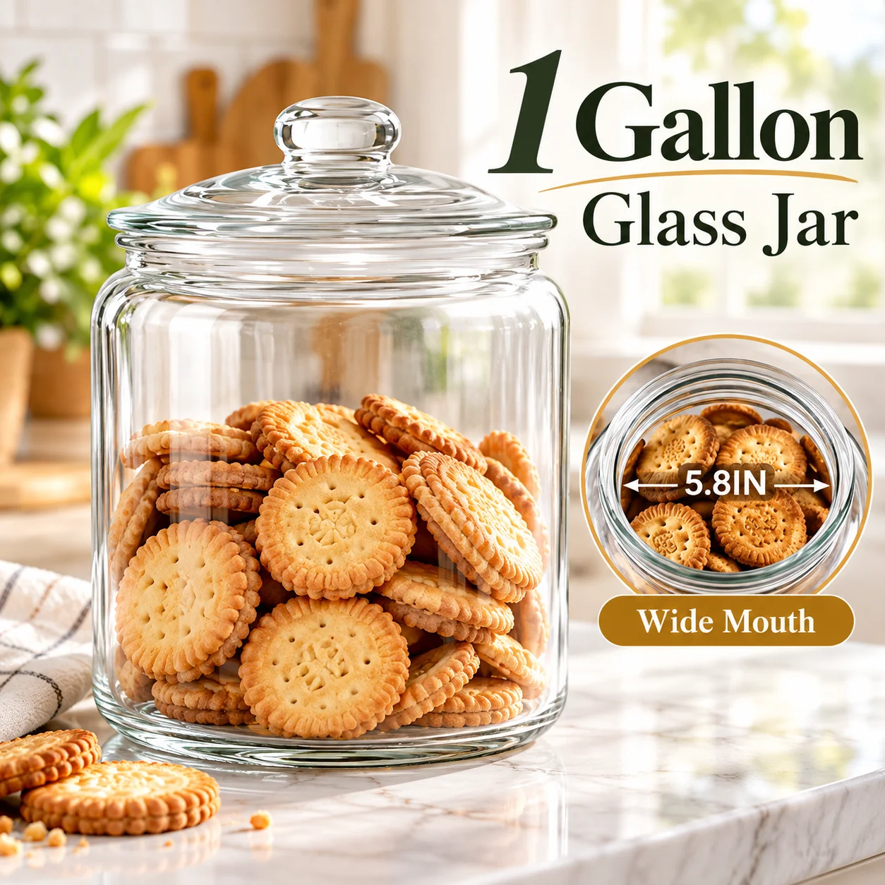 1 Gallon Glass Jar with Lid, Airtight Cookie Jar with Wide Mouth
